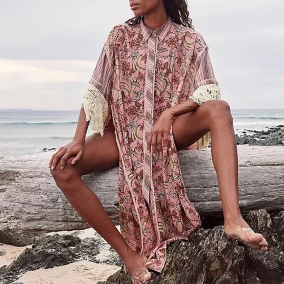 Free People Watching Waves Maxi Shirt in Mauve Combo sz large - Picture 2 of 8
